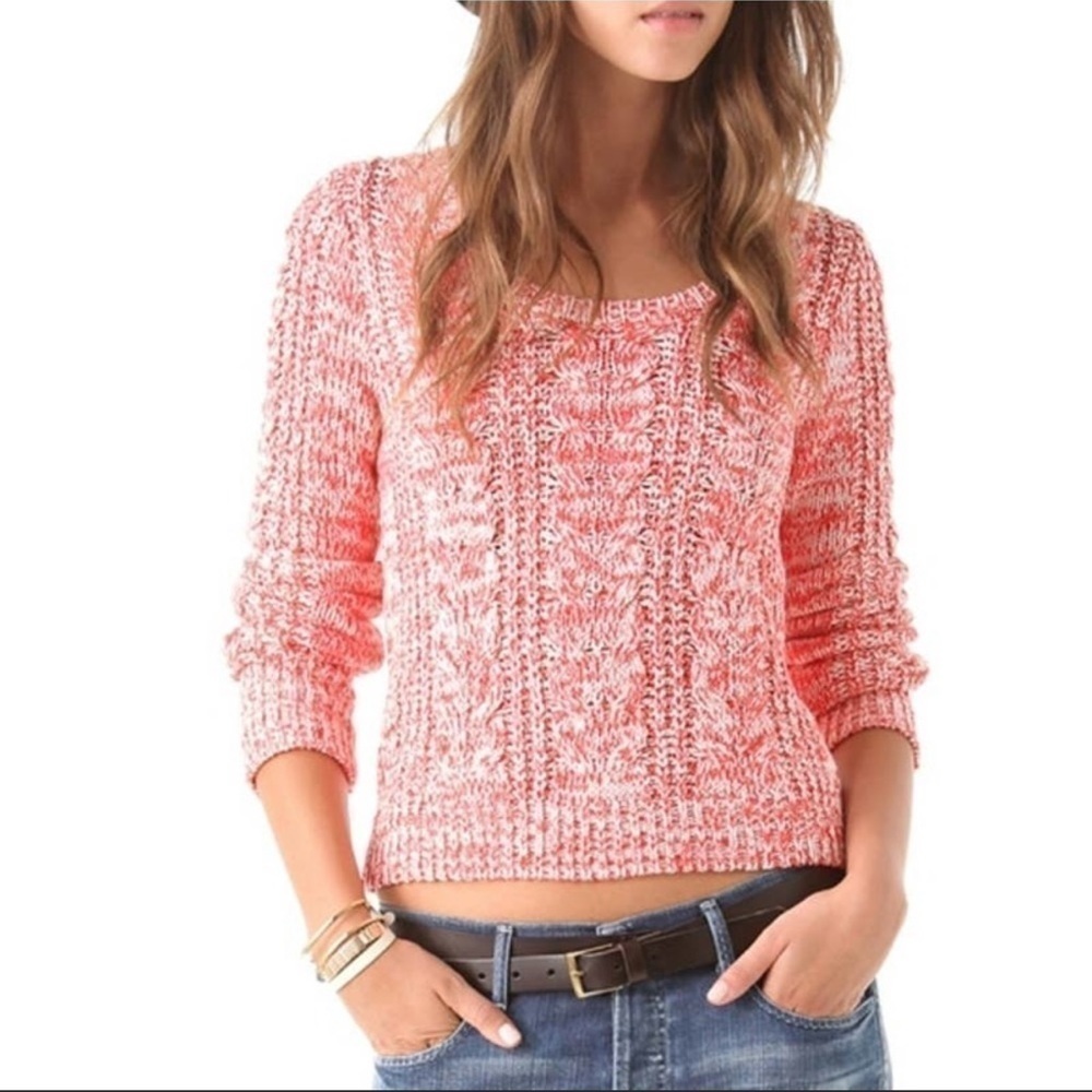 Free People Red | White Marled Cable Knit Sweater